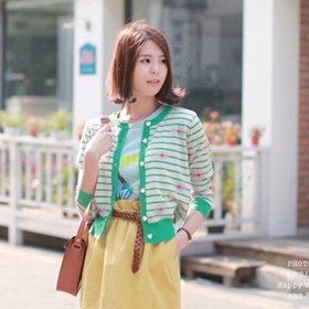 2012韩版秋季甜美百搭太阳花图案拼条开衫毛