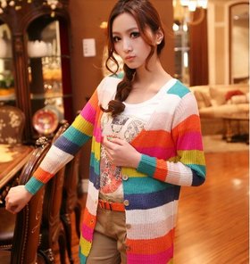 黛衣琳2012秋装新款彩虹条纹V领长袖针织衫开