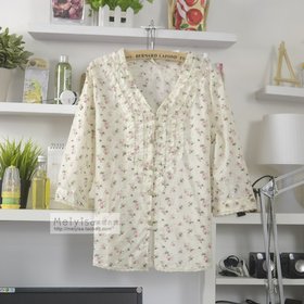 日系复古木耳花边v领<em>开衫</em>衬衣<em>大码女款</em>宽松亚