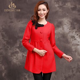 冬天新娘衣服韩版圆领<em>中款毛呢外套</em>女红色大衣