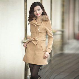 新款秋冬女装<em>韩版大毛领</em>修身系带毛呢<em>外套</em>中长