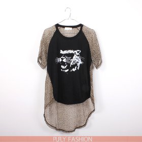 2012年新款 豹纹 豹子头 墨镜印花 长款T恤 女