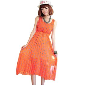 2012夏季新款 橘色圆点高腰连衣裙沙滩裙 长裙