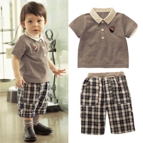 夏款 帅气男童翻领<em>上衣</em>+格子<em>短裤</em>/儿童2<em>件套</em> -